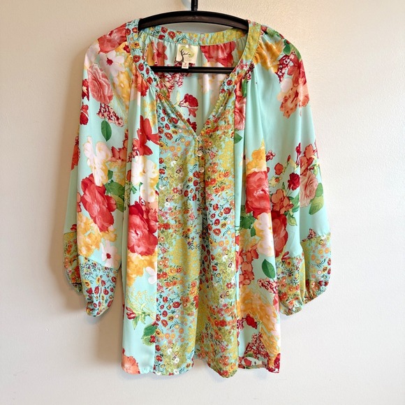 Fig & Flower V-Neck Floral 3/4 Sleeve Top Size L Festival Boho Feminine Fairy - Picture 3 of 14